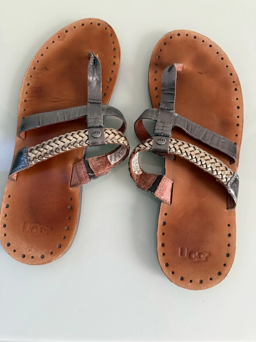 UGG Women's Brown Tan Braided Leather Toe-Loop Sandals